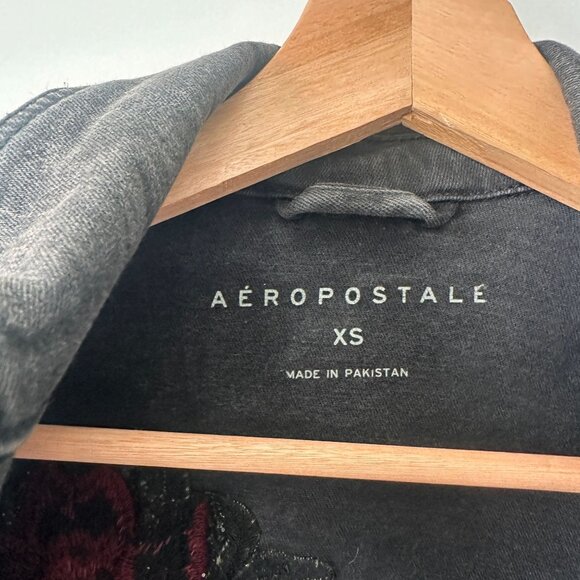 Aeropostale Black Denim Jacket XS With Red Floral Embroidery Button-Down - Picture 2 of 8